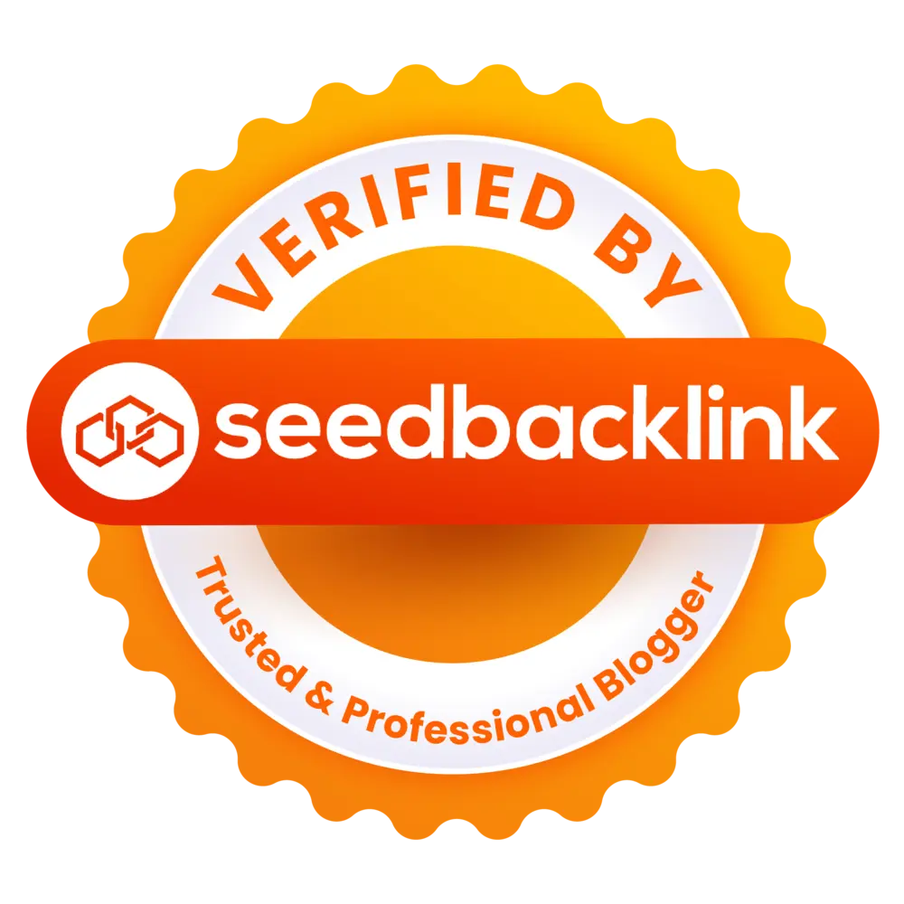 Lencana oranye dengan teks "Verified by Seedbacklink" berwarna putih dan "Blogger Tepercaya & Profesional" dalam huruf putih yang lebih kecil di bawahnya.