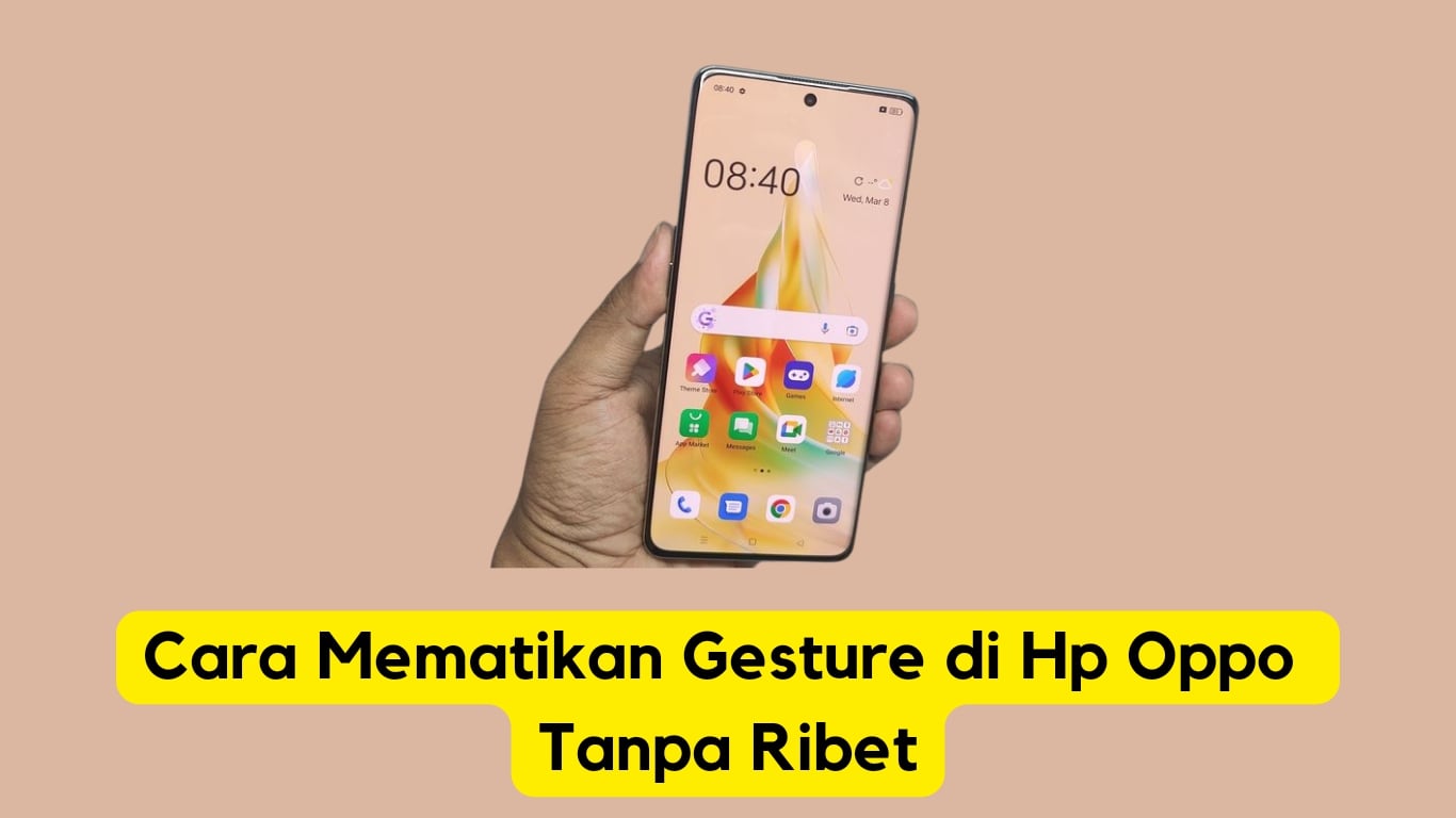 Tangan memegang ponsel pintar oppo dengan instruksi tentang cara menonaktifkan gerakan di layar.