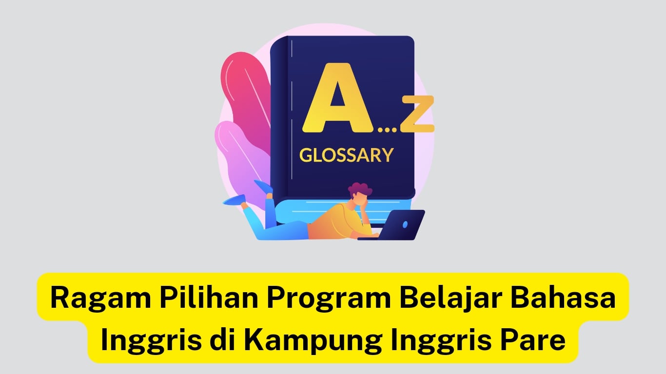 Ilustrasi mempromosikan program pembelajaran bahasa Inggris dengan fokus pada glosarium dari a sampai z.