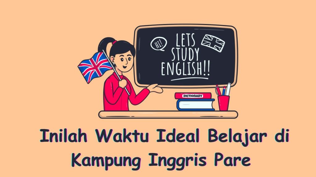 Ilustrasi seorang wanita mengajar bahasa Inggris dengan teks "ayo belajar bahasa inggris!" di papan tulis, buku, dan bendera Inggris, tertulis "ini adalah waktu ideal belajar di kampung inggris pare.