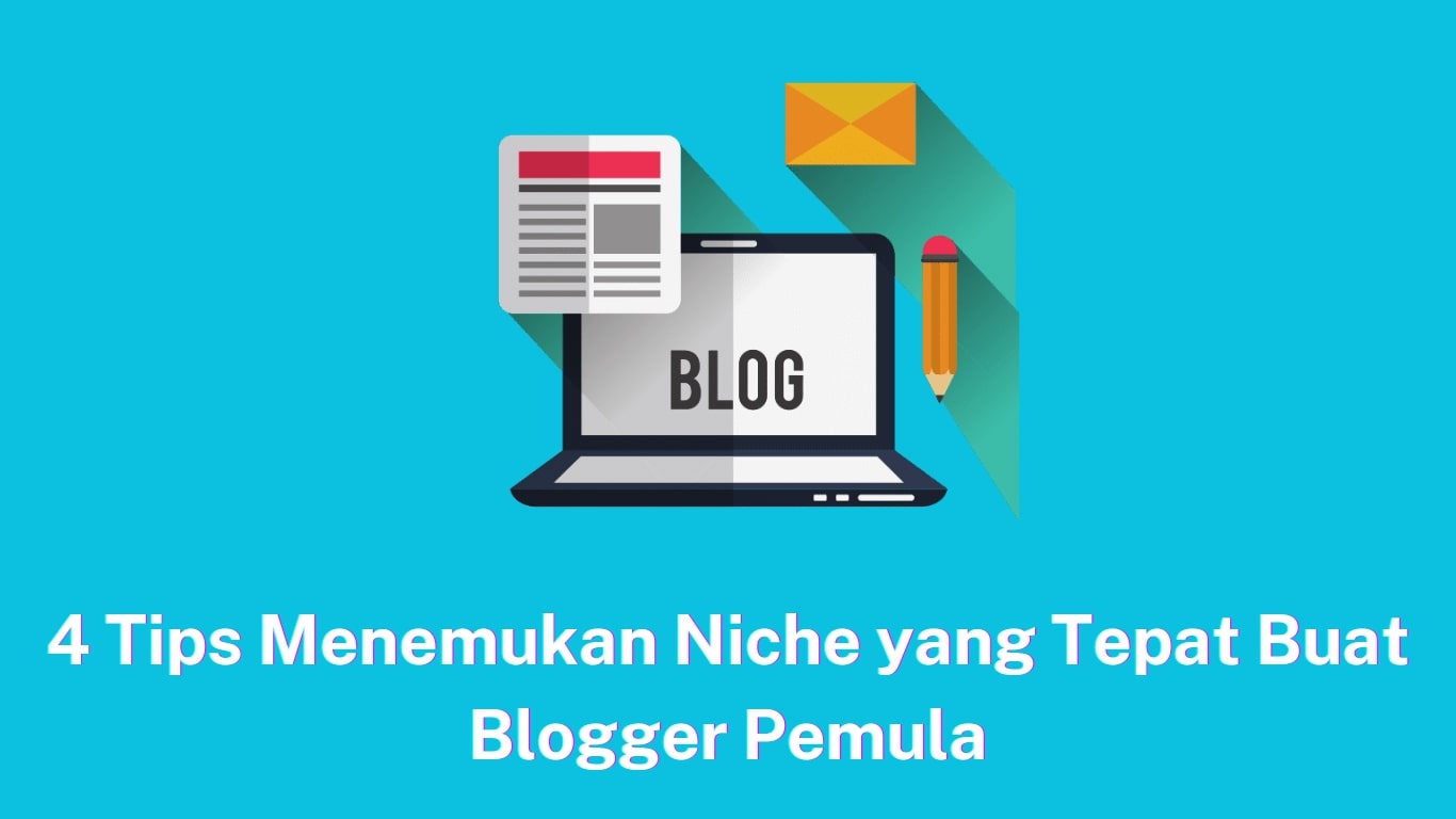 Representasi grafis dari blogging, menampilkan laptop terbuka dengan tulisan "blog" di layar, disertai ikon dokumen, pensil, dan amplop, dengan latar belakang biru.