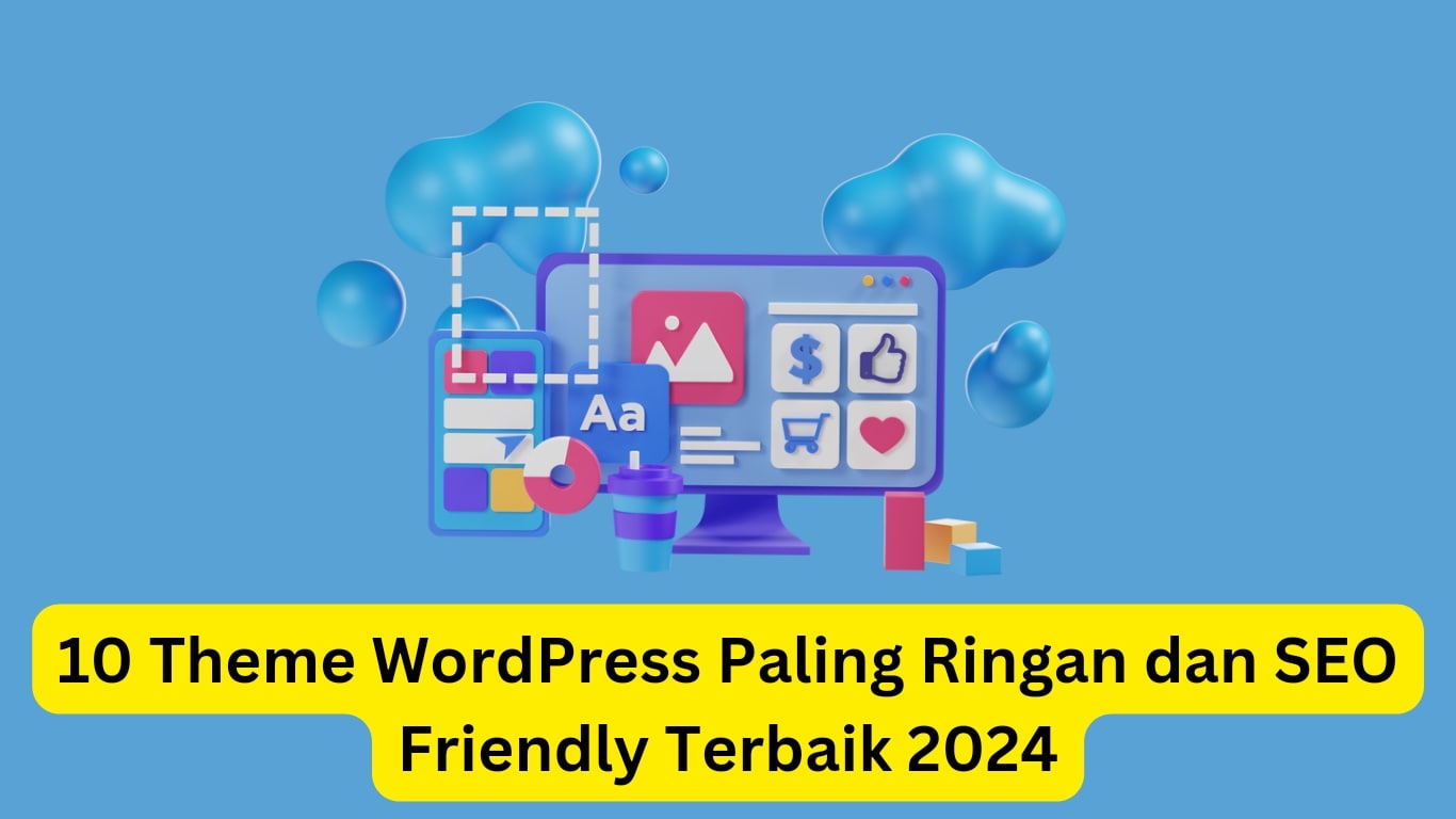 Ilustrasi monitor komputer yang menampilkan berbagai ikon media sosial dan pembuatan konten, dengan teks yang mempromosikan "10 tema wordpress ringan dan ramah seo terbaik 2024.