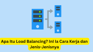 Grafik yang mengilustrasikan konsep penyeimbangan beban dengan teks "apa itu penyeimbangan beban? ini ia cara kerja dan jenis-jenisnya", menampilkan server dan panah yang menunjukkan distribusi data.