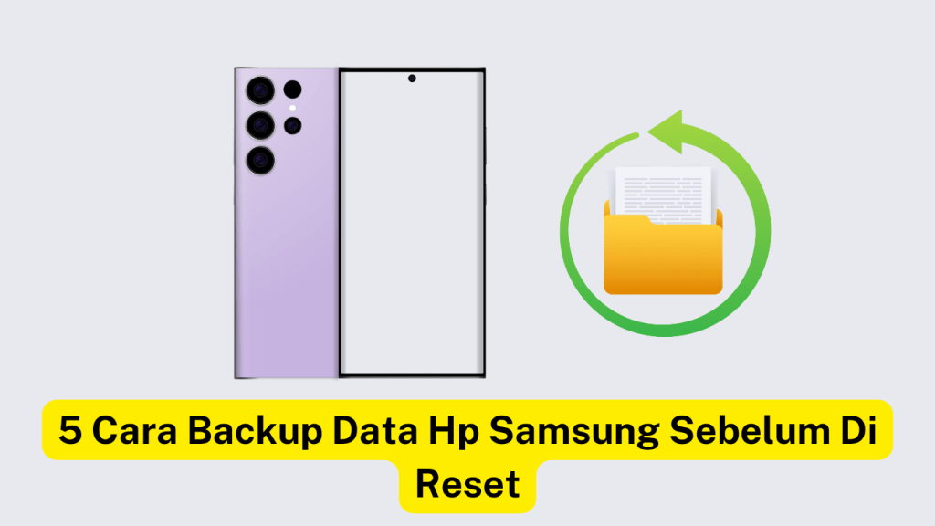 Gambar ponsel cerdas di samping ikon folder dan dokumen dengan panah melingkar berwarna hijau di sekelilingnya. Teks dibawahnya bertuliskan "5 Cara Backup Data Hp Samsung Sebelum Di Reset" dengan latar belakang kuning.