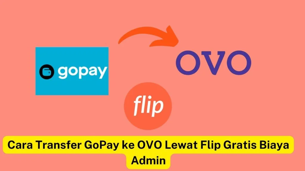 Panduan langkah-langkah transfer dana dari GoPay ke OVO menggunakan Flip tanpa biaya admin, ditampilkan dengan logo GoPay, Flip, dan OVO dengan latar belakang warna peach.