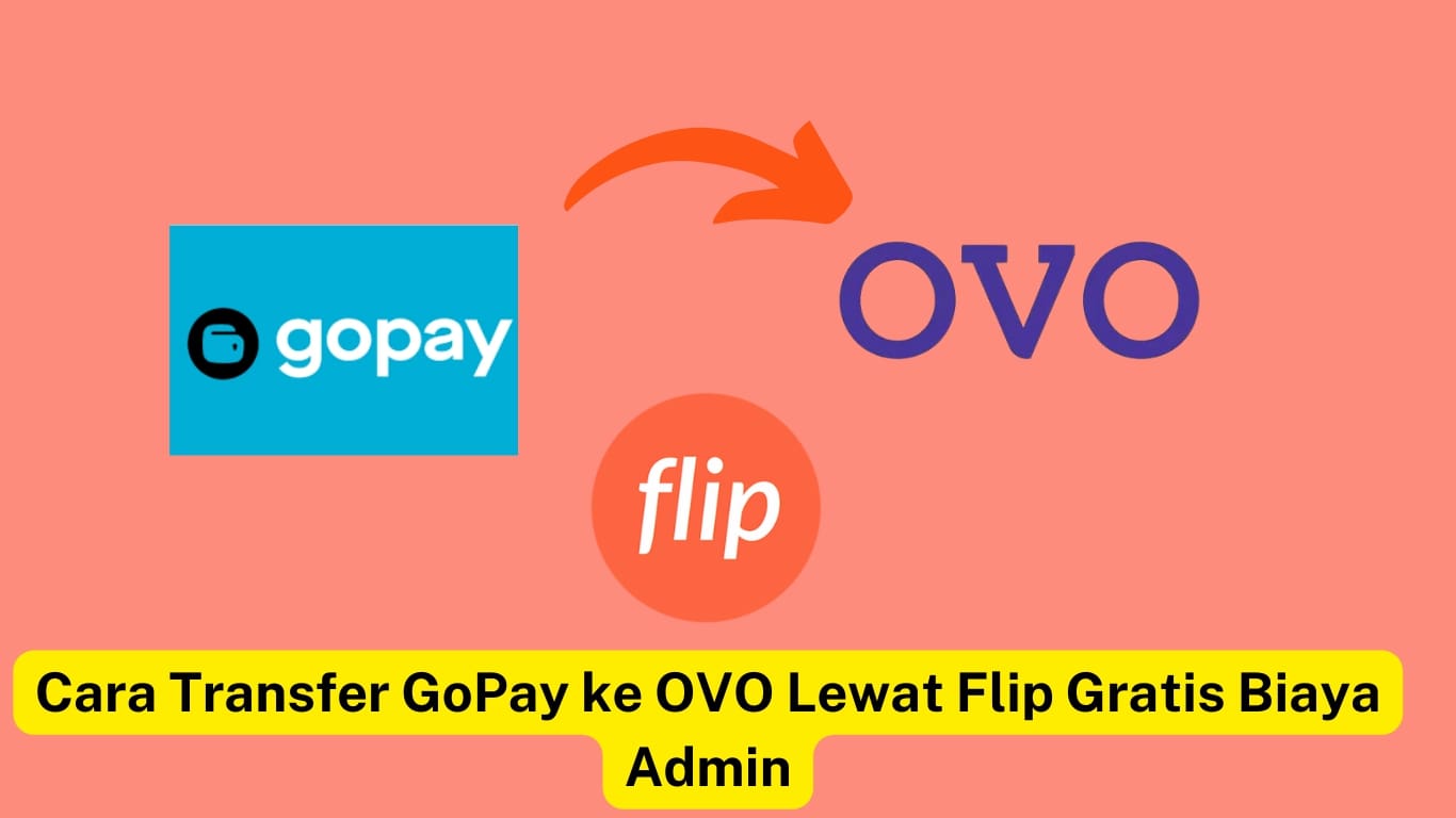 Panduan langkah-langkah transfer dana dari GoPay ke OVO menggunakan Flip tanpa biaya admin, ditampilkan dengan logo GoPay, Flip, dan OVO dengan latar belakang warna peach.