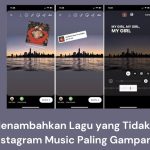 Tiga tangkapan layar dari cerita Instagram yang sedang diedit, menunjukkan cara menambahkan lagu yang tidak tersedia di Instagram Music secara manual. Cakrawala kota terlihat di latar belakang setiap tangkapan layar.