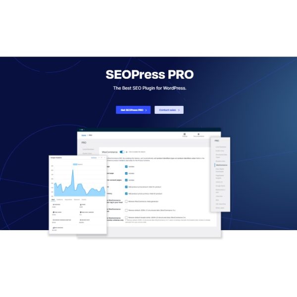 Cuplikan layar halaman web SEOpress, yang menampilkan antarmuka pengguna untuk plugin SEO untuk WordPress dengan berbagai pengaturan dan grafik. Halaman tersebut menyertakan tombol untuk "Dapatkan SEOPress" dan "Hubungi bagian penjualan".