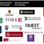 Logo universitas-universitas Kanada ditampilkan dengan logo dan bendera Pemerintah Kanada. Universitas tersebut meliputi Toronto, Waterloo, Calgary, Alberta, Saskatchewan, dan lainnya.