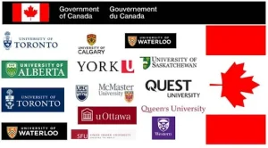Logo universitas-universitas Kanada ditampilkan dengan logo dan bendera Pemerintah Kanada. Universitas tersebut meliputi Toronto, Waterloo, Calgary, Alberta, Saskatchewan, dan lainnya.