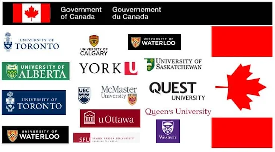 Logo universitas-universitas Kanada ditampilkan dengan logo dan bendera Pemerintah Kanada. Universitas tersebut meliputi Toronto, Waterloo, Calgary, Alberta, Saskatchewan, dan lainnya.